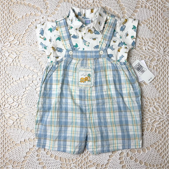 Vintage Y2K Little Me Baby Boy 9 Month Blue Plaid Plaid Shortalls Shirt Set - Picture 1 of 6